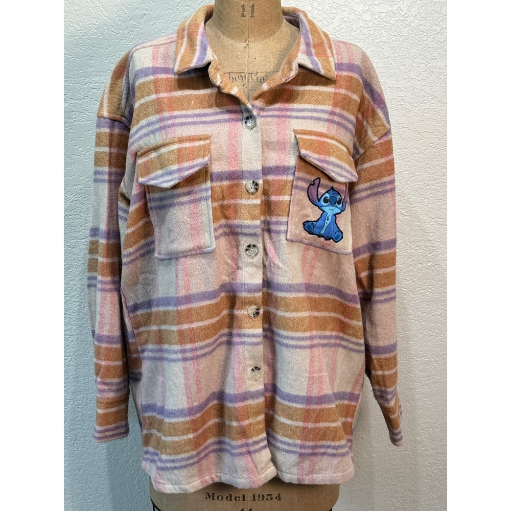 Disney Stitch Plaid Flannel Shirt Jacket XL Pink Orange Purple Lilo & Stitch